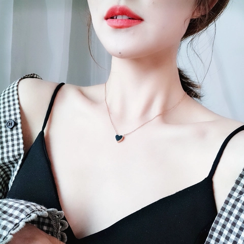 Collar Colgante Corazon Y Pendientes Acero Titanio Doble Cara Negro Rojo Oro Rosa Chapado Poste