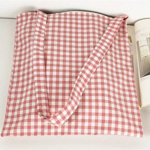 Women Shoulder Tote Bag Cotton Linen Canvas Gingham Plaid Pattern Japanese Mori Girl Style Minimalist Zipper Closure