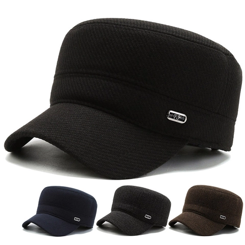 Heren Winter Warme Cadet Pet Wollen Twill Platte Hoed Met Oorbescherming Winddicht Outdoor Casual Verstelbaar