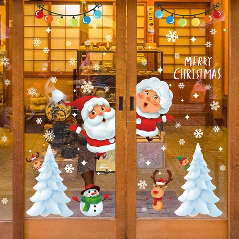 Pegatinas Ventana Navidad Papá Noel Muñeco Nieve Reno Árbol Calcomanías PVC Impermeable Removible Decoración Vidrio