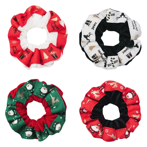Weihnachts Samt Haargummis Scrunchies Mit Bedrucktem Band Weihnachtsmann Rentier Schneeflocke Feiertag Haaransatz Zubehör
