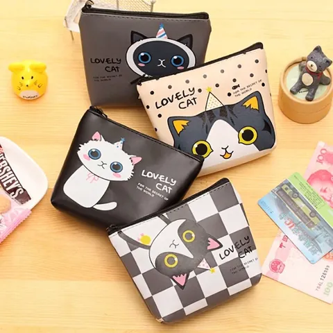 Cartoon Cat Coin Purse Mini PU Leather Zipper Wallet Portable Cute Small Earphone Storage Bag For Women Kids
