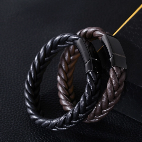 Bracelet En Cuir Tressé Pour Homme Avec Fermoir Magnétique En Acier Inoxydable Jonc Minimaliste Tissé À La Main Bijoux De Mode