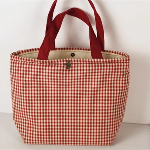 Checkered Cotton Canvas Tote Bag Gingham Handbag With Vintage Copper Button Japanese Style Casual Portable Lunch Bag