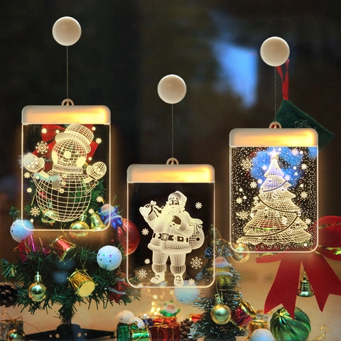 3D LED Christmas Window Hanging Lights Acrylic Suction Cup Lamp Battery Powered Holiday Party Festive Home Decor