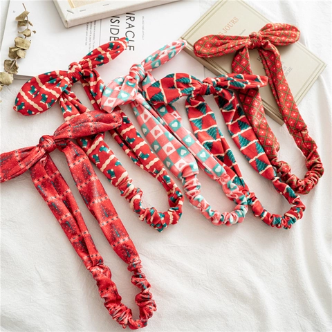 Serre-Tête De Noël Velours Élastique Noué Oreilles De Lapin Bandeau Cheveux Accessoires De Fête De Vacances Femmes Filles Imprimé