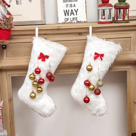 White Faux Fur Christmas Stocking Plush With Red Bow Decorative Balls For Holiday Fireplace Decor