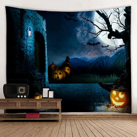 Halloween Wandteppich Wandbehang Polyester Gothic Kürbis Fledermaus Mond Sensenmann Hintergrund Party Deko Schlafzimmer Wohnzimmer