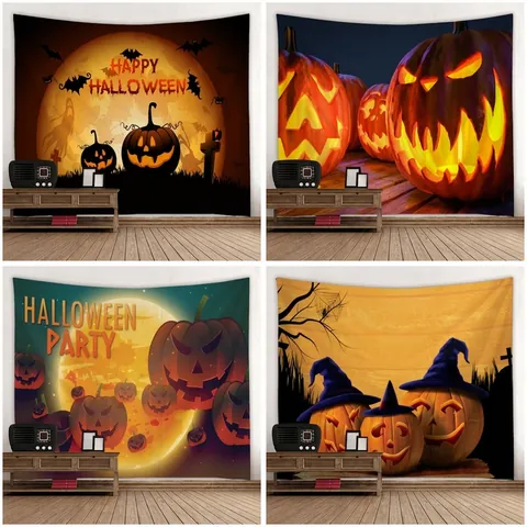 Tapisserie Halloween Tenture Murale Polyester Citrouille Sorcière Château Lune Décoration Fête Maison Toile Fond
