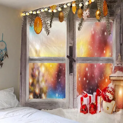 Christmas Tapestry Wall Hanging Polyester Winter Window Snow Scene Festive 3D Digital Printing For Bedroom Living Room Decor