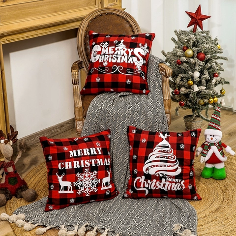 Fundas de Almohada de Navidad de Cuadros Buffalo Rojo Negro Fundas de Cojín Cuadradas Decorativas Estampado de Alce y Copo de Nieve para Sofá Hogar