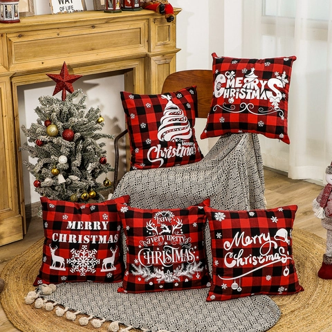 Weihnachts Kissenbezug Rot Schwarz Buffalo Karo Schneeflocke Elch Baum Druck Feiertag Dekoration Sofa Kissenhülle