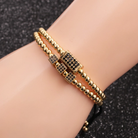 Pulseras De Cuentas De Cobre Con Dijes Cúbicos Rectangulares De Micro Pavé De Circón Corona Piedra Natural Cuerda Trenzada Ajustable Joyas Unisex
