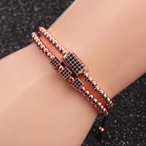 Pulseras De Cuentas De Cobre Con Dijes Cúbicos Rectangulares De Micro Pavé De Circón Corona Piedra Natural Cuerda Trenzada Ajustable Joyas Unisex