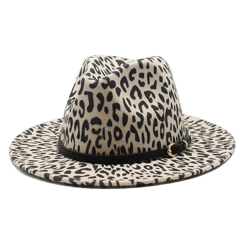 Sombrero Fedora Estampado Leopardo Fieltro De Lana Ala Ancha Jazz Con Banda De Cuero Hebilla Metal Estilo Vintage