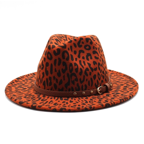 Leopard Print Fedora Hat Wool Felt Wide Brim Vintage Jazz Cap With Rivet Leather Buckle Band For Men Women