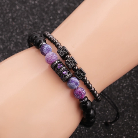 Ensemble De Bracelets En Pierre D'Agate Perles En Cuivre Micro Pavé Zircone Charmes Géométriques Bijoux Élastiques Tendance
