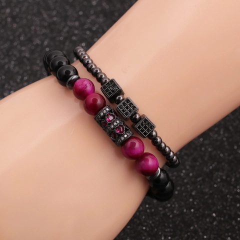 Pulsera De Cuentas De Piedra Ojo De Tigre Y Pulsera De Cuerda Trenzada Ajustable Con Cubos De Circonita Y Cuentas De Cobre