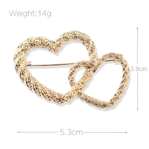 Vintage Legering Vergulde In Elkaar Grijpende Dubbele Hart Broche Voor Vrouwen Gedraaide Textuur Anti-blootstelling Vest Accessoire Sieraden