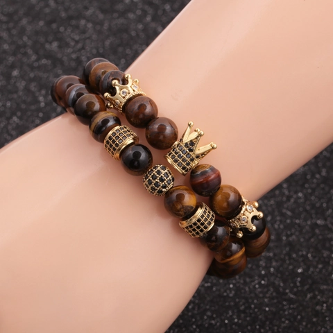 Bracciale Con Perline In Pietra Occhio Di Tigre Ciondolo Corona Sfera Zirconia Cubica Elastico Unisex Gioielli Vintage