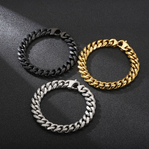 Pulsera De Cadena Cubana Para Hombre De Acero Inoxidable Pulido Plano Joyería Hip Hop Estilo Punk Retro