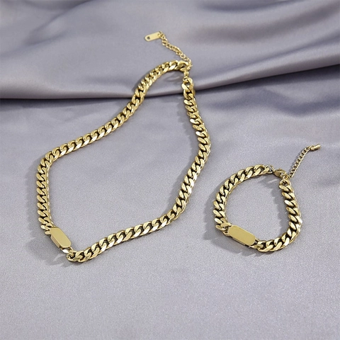 Collar Y Pulsera De Cadena De Eslabones Cubanos Con Colgante De Placa ID Rectangular De Acero Inoxidable Chapado En Oro