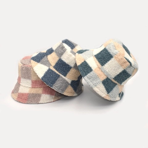 Cappello Alla Pescatora A Scacchi Lana Di Agnello Inverno Caldo Peluche Retro Berretto Esterno Per Uomini Donne