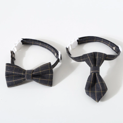 Pet Bow Tie Collar Adjustable Plaid British Style Gentleman Necktie For Cats Small Dogs Fabric Accessories With Bell