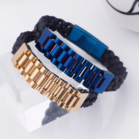 Herren Armband Geflochtenes PU-Leder Mit Edelstahl Uhrenarmband Kettenglied Metall Schnalle Punk Trendy