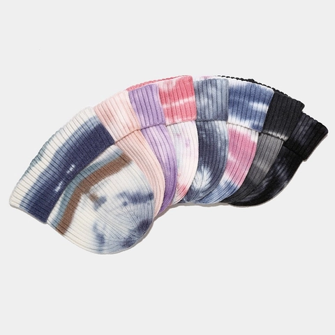 Tie Dye Beanie Hat Ribbed Knit Striped Gradient Warm Winter Soft Core Spun Yarn Pullover Outdoor Daily Fashion Women