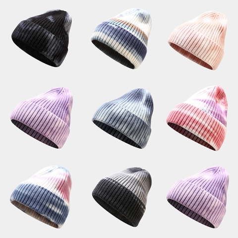 Tie Dye Beanie Hat Ribbed Knit Striped Gradient Warm Winter Soft Core Spun Yarn Pullover Outdoor Daily Fashion Women