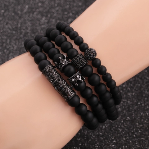Matte Stone Beaded Bracelet Set For Men Micro Pave Cubic Zirconia Crown Cross Hexagonal Pillar Punk Hip Hop Jewelry