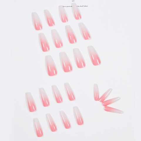 Lange Coffin Press On Nagels Roze Wit Ombre Glanzende Ballerina Kunstnagels Waterdicht Hars Manicure Tips Voor Vrouwen