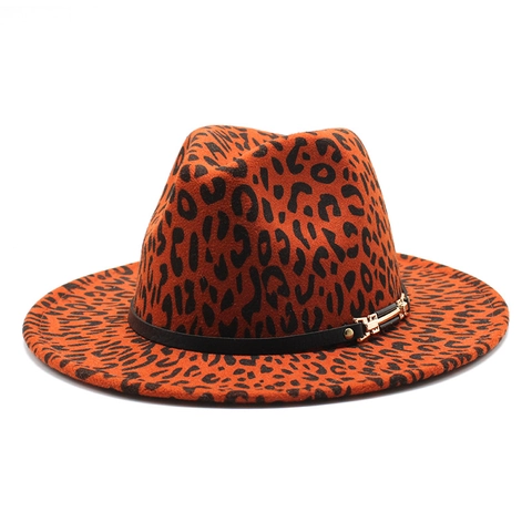Chapeau Fedora Imprimé Léopard Feutre De Laine Large Bord Plat Jazz Cap Avec Ceinture En Cuir Boucle Métal Style Vintage Homme Femme