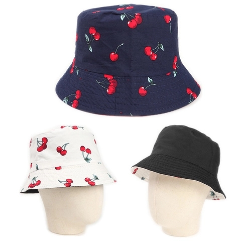 Chapeau Bob Coton Polyester Réversible Pliable Protection Solaire Imprimé Cerise Style Japonais Été Décontracté Pour Femmes Hommes