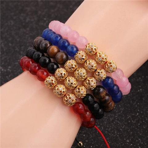 Adjustable Faceted Gemstone Beaded Bracelet With Hollow Zirconia Inlaid Copper Beads Braided Rope Bohemian Unisex Jewelry