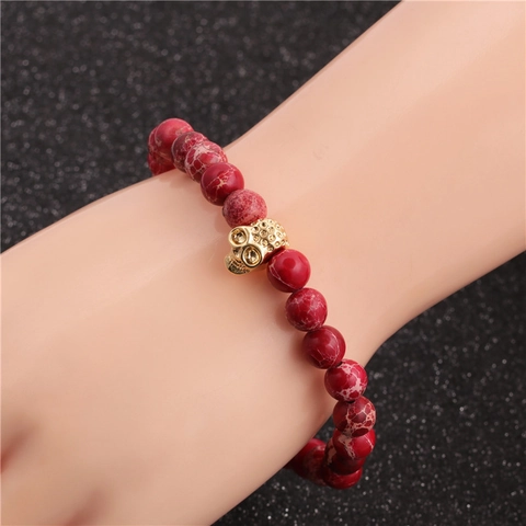Bracciale Di Perline Con Teschio Pietra Imperatore Ciondolo In Lega Dorata Gioielli Gothic Punk Halloween