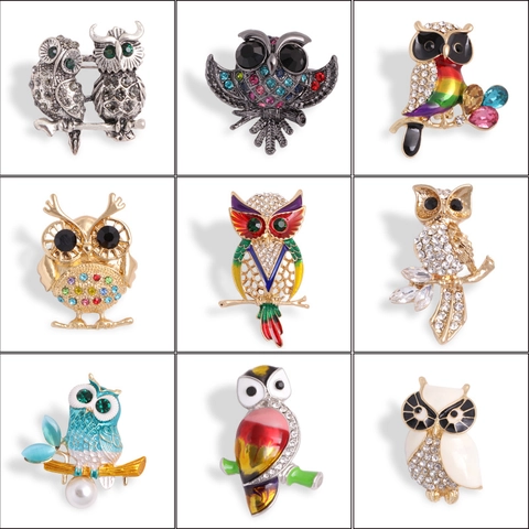 Owl Brooch Pin Alloy Animal Shape Colorful Rhinestone Enamel Vintage Cute Bird Jewelry For Women Corsage Accessory
