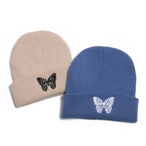 Schmetterling Stickerei Strickmütze Beanie Warm Winter Umschlagmütze Damen Herren Trendy
