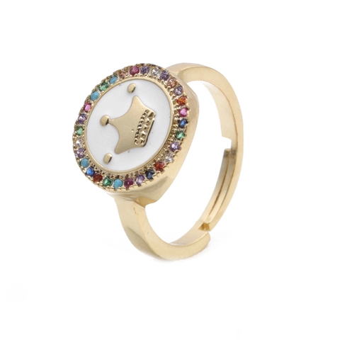 Anello Corona Rame Smalto Bianco Zirconia Colorata Regolabile Fascia Aperta Gioielli Boho Per Donna