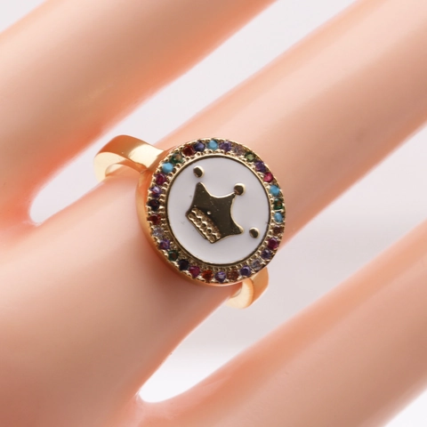 Anello Corona Rame Smalto Bianco Zirconia Colorata Regolabile Fascia Aperta Gioielli Boho Per Donna