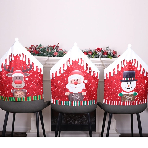 Christmas Chair Back Covers Red Soft Fabric Santa Snowman Reindeer Patterns Dining Room Home Party Festive Decor