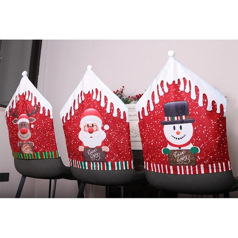 Christmas Chair Back Covers Red Soft Fabric Santa Snowman Reindeer Patterns Dining Room Home Party Festive Decor