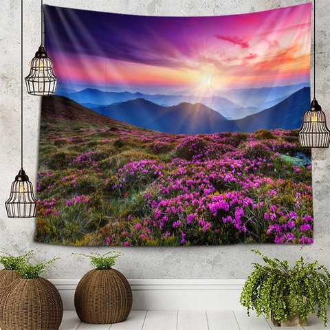 Arazzo Paesaggio Montagna Tramonto Appeso A Parete Poliestere Natura Mare Di Fiori Per Camera Da Letto Soggiorno Arredo