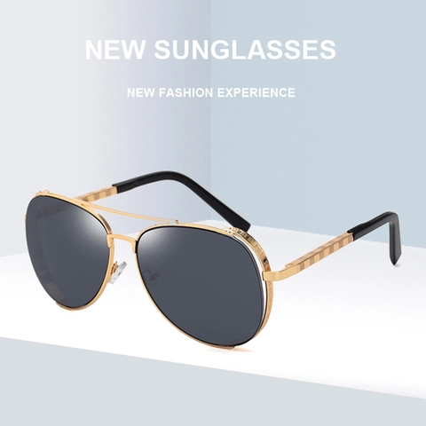Lunettes De Soleil Aviateur Homme Monture Métal Style Vintage Protection UV400 Double Pont Branches À Carreaux Conduite Plein Air