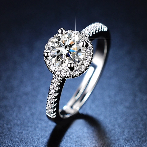 Round Brilliant Cut Simulated Moissanite Ring For Women Six Prong Adjustable Silver Plated Alloy Cubic Zirconia Wedding Band