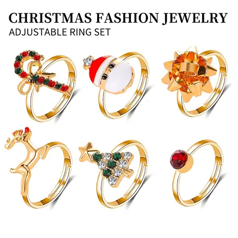 Weihnachten Cartoon Weihnachtsmann Rentier Baum Ringe Legierung Harz Emaille Verstellbar Offen Ring Party Schmuck Damen