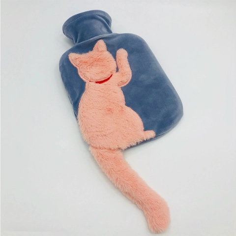 Hot Water Bottle With Faux Fur Plush Cover Cute Long Tail Cat Design Double Hand Insert Removable Washable PVC Liner Warmth