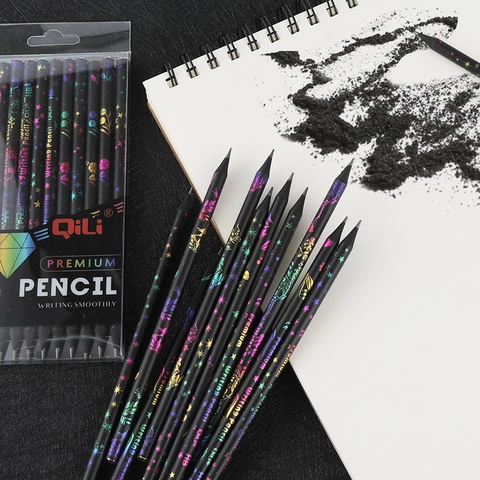 HB Wooden Pencils With Rhinestone Top Colorful Holographic Printing Smooth Writing Drawing School Office Stationery Supplies