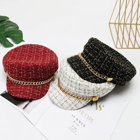 Berretto Newsboy E Cappello A Secchiello In Tweed Vintage Motivo A Quadri Catena Di Metallo Autunno Inverno Elegante Donna